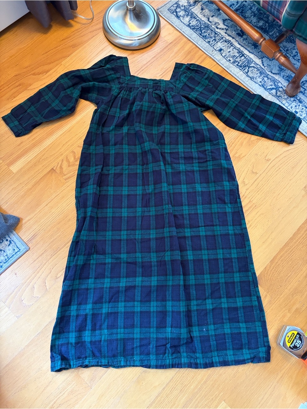 Vermont Country Store black watch plaid Flannel Square-Neck Nightgown Sz S